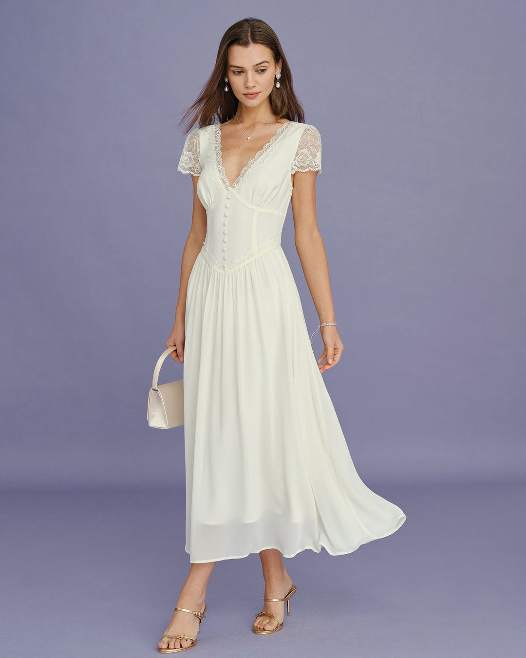 Vestido Maxi de Encaje con Escote en V de Albaricoque