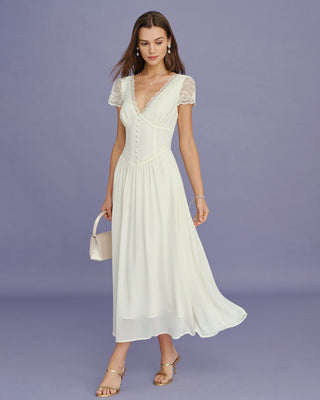 Vestido Maxi de Encaje con Escote en V de Albaricoque