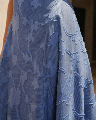 Vestido Maxi Slip de Jacquard Azul con Fruncidos