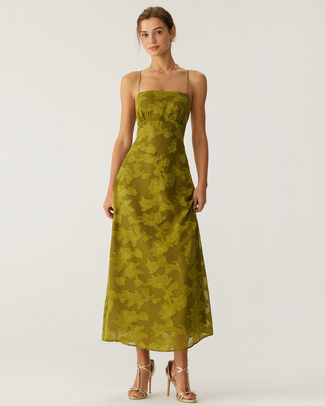 Vestido Maxi Sin Espalda Arrugado Floral Verde