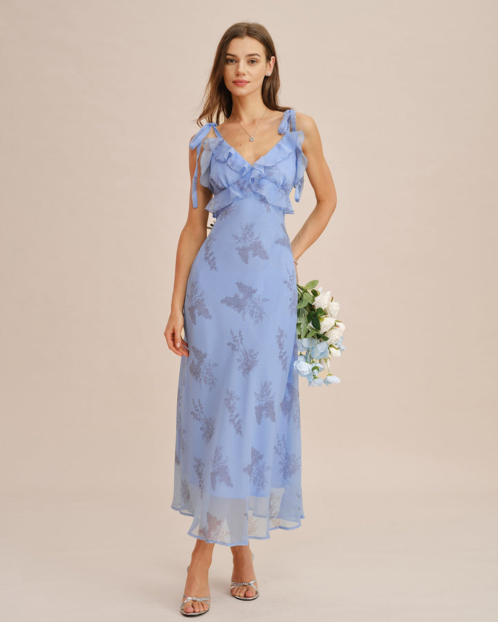 Vestido Maxi con Volantes y Tirantes de Flores Azules