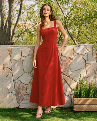 Vestido Maxi con Cuello Cuadrado y Botones Rojo