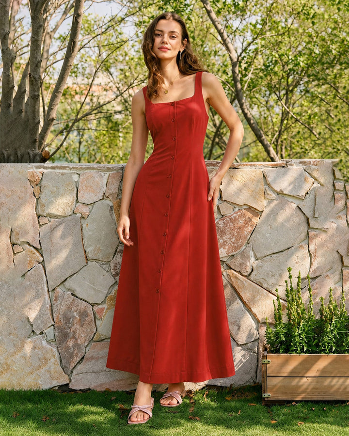 Vestido Maxi con Cuello Cuadrado y Botones Rojo