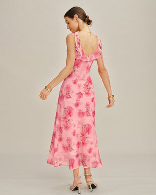 Vestido Maxi de Chiffon con Volantes Florales Rosados