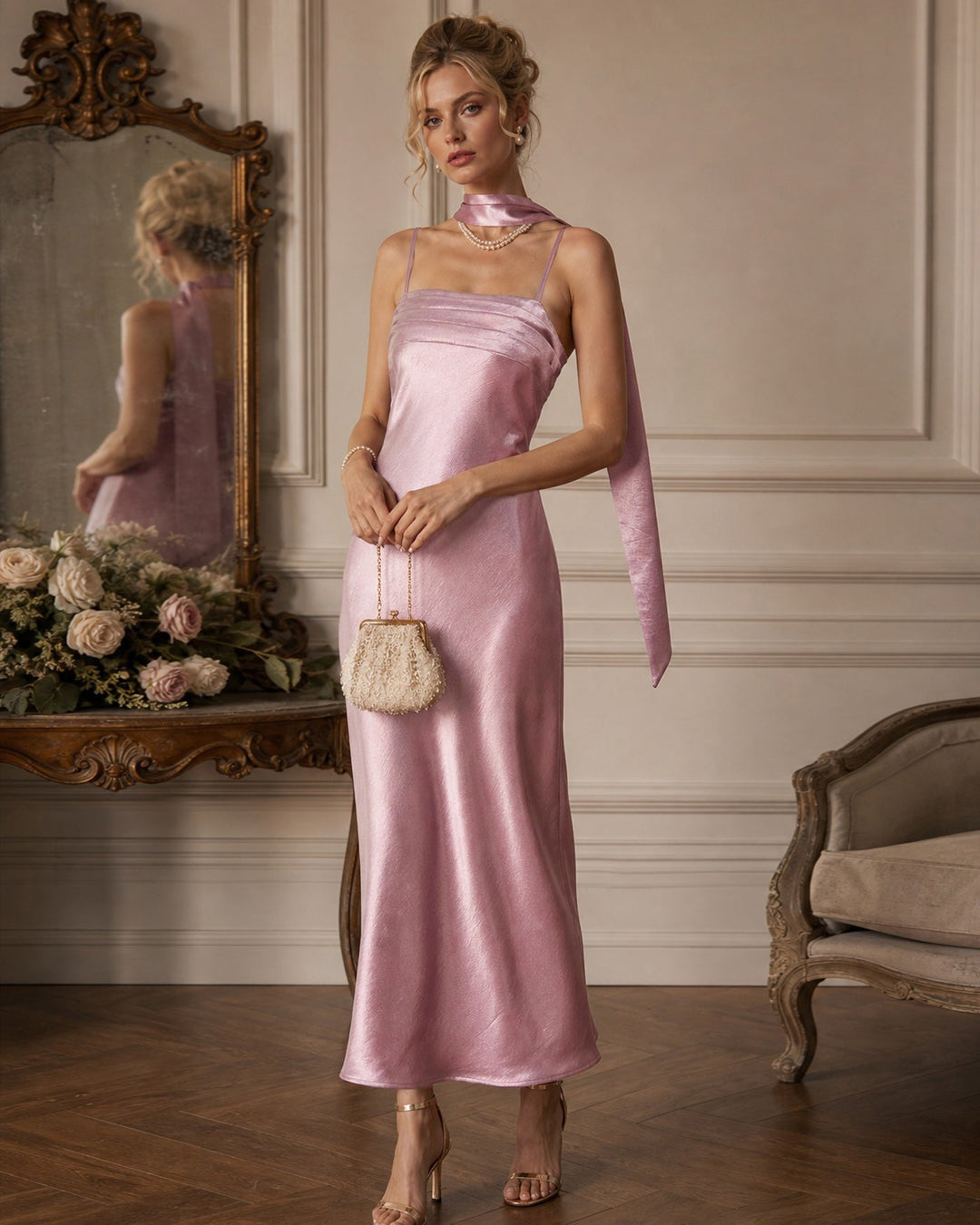 Vestido Maxi de Satén Sirena Color Rosa