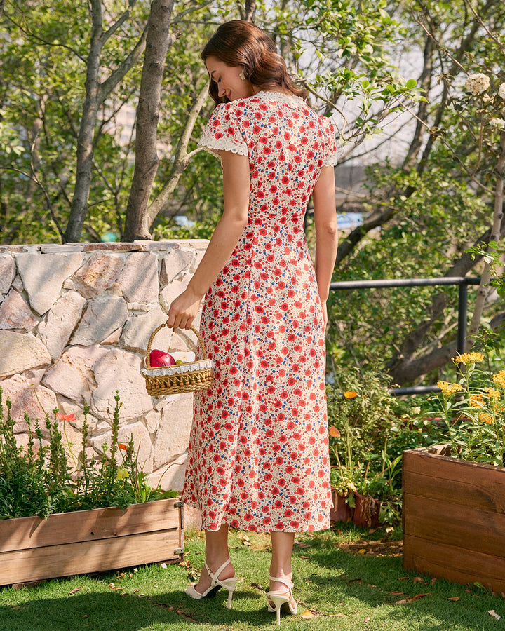 Vestido Maxi Floral de Encaje Rojo con Escote en V