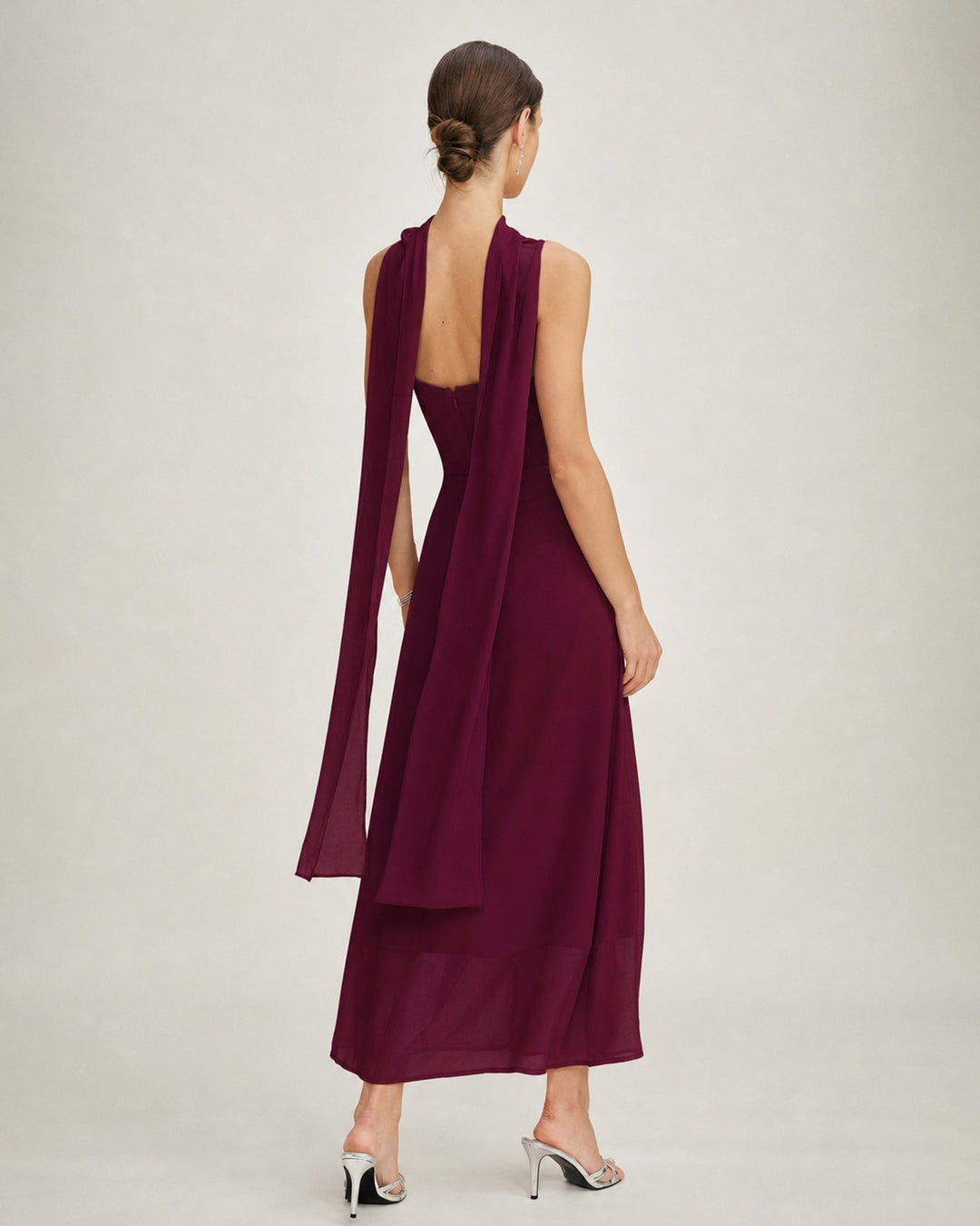 Vestido Maxi Chiffon con Cuello Cowl en Rojo Vino