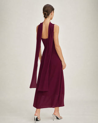 Vestido Maxi Chiffon con Cuello Cowl en Rojo Vino