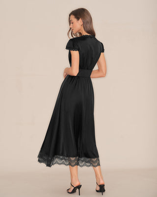 Vestido Maxi de Manga Abullonada con Encaje y Escote en V Negro