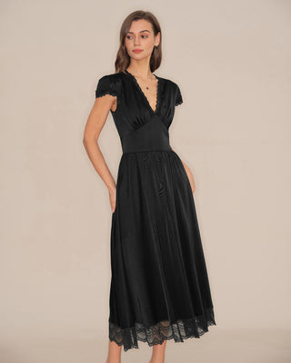 Vestido Maxi de Manga Abullonada con Encaje y Escote en V Negro