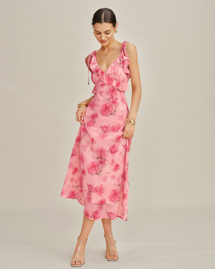 Vestido Maxi de Chiffon con Volantes Florales Rosados