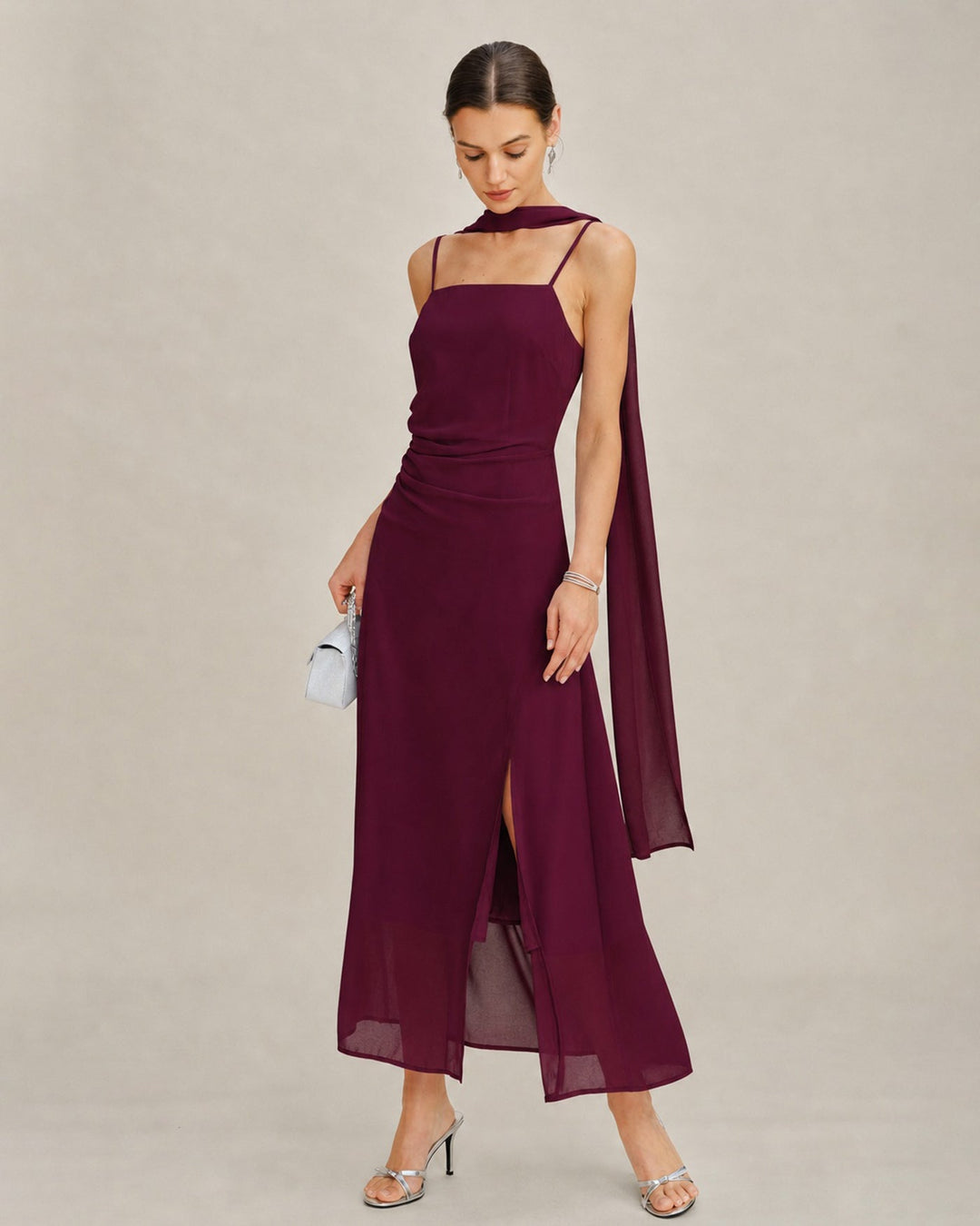 Vestido Maxi Chiffon con Cuello Cowl en Rojo Vino