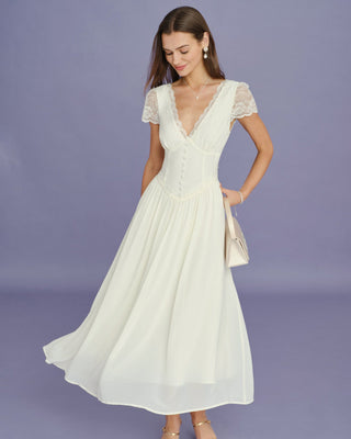 Vestido Maxi de Encaje con Escote en V de Albaricoque