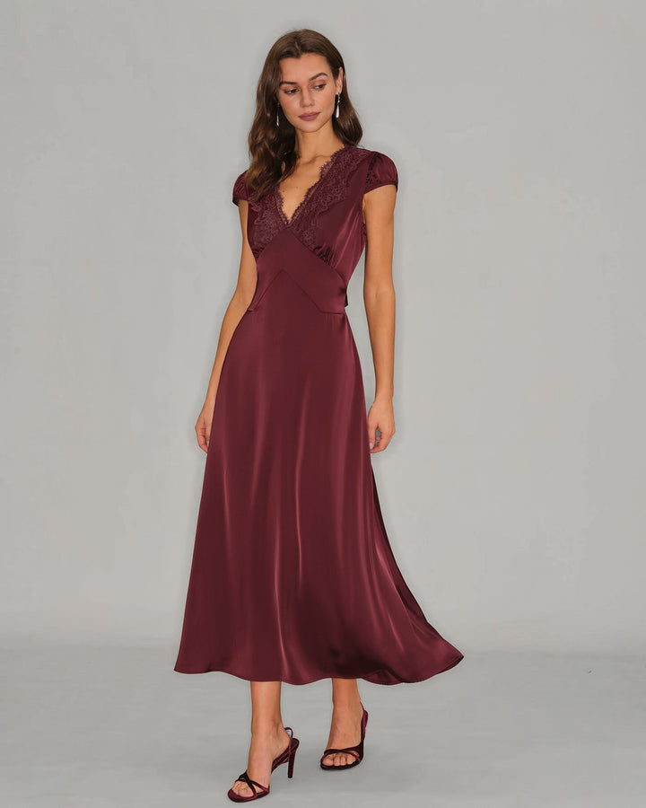 Vestido Maxi de Encaje V en Rojo Vino