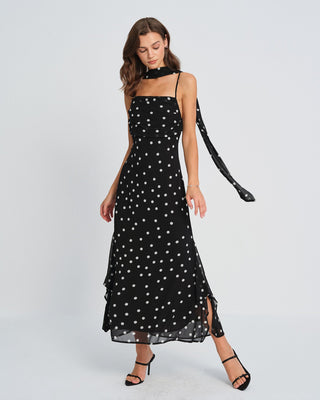 Vestido Maxi de Tirantes con Lunares Negros