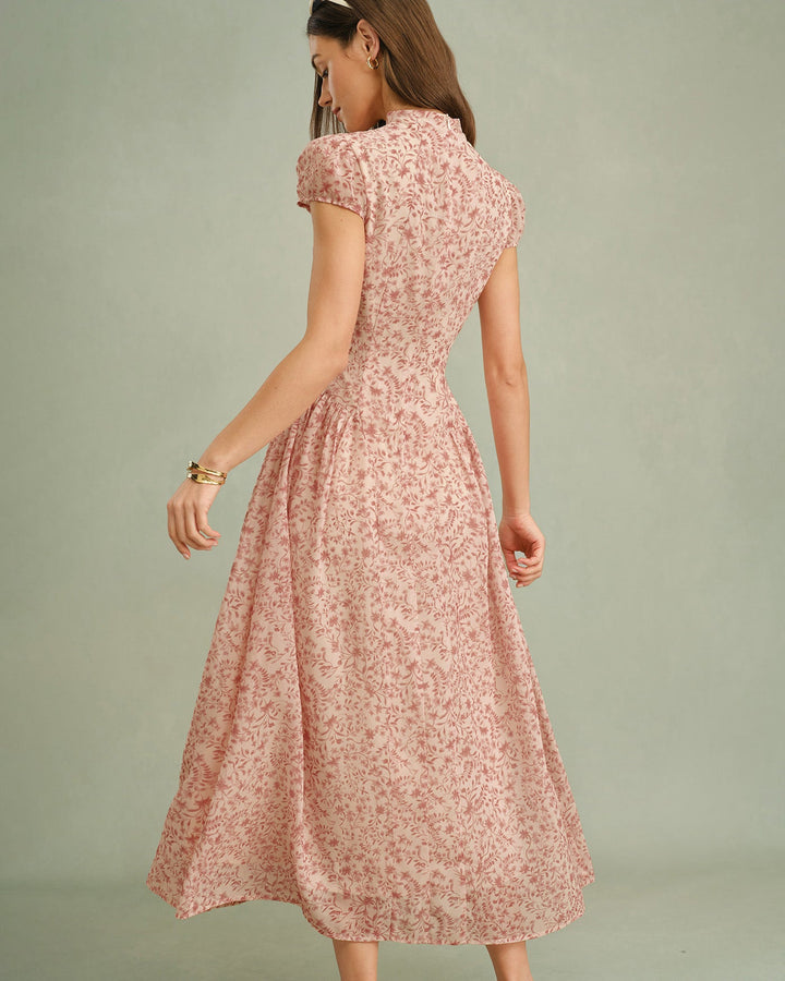 Vestido Largo Floral con Cuello Mock Rosa