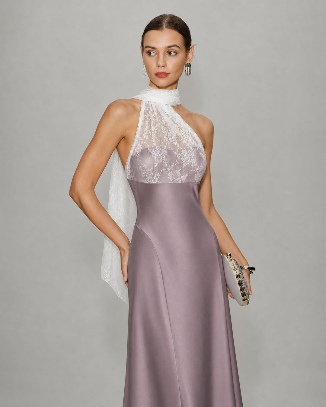 Vestido Maxi de Encaje Rosa con Un Hombro