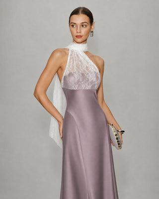 Vestido Maxi de Encaje Rosa con Un Hombro