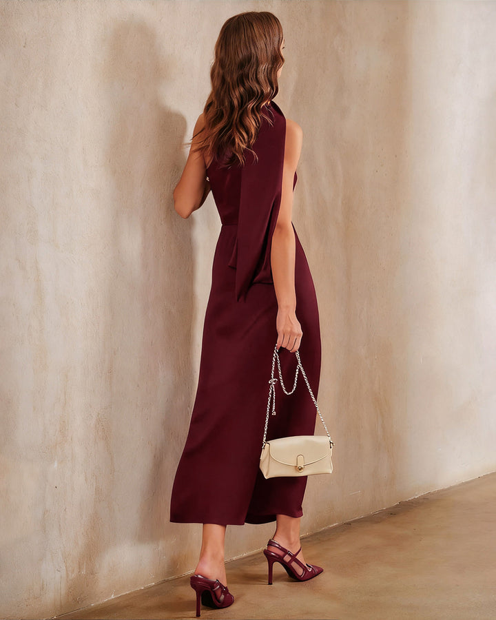 Vestido Maxi de Satén Rojo Vino de Un Hombro