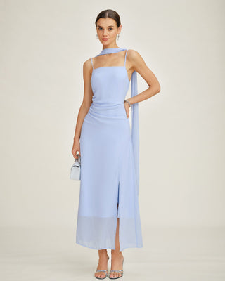 Vestido Maxi de Chiffon con Cuello de Cowl y Tirantes Azules