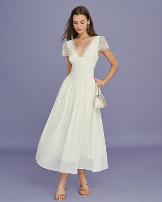 Vestido Maxi de Encaje con Escote en V de Albaricoque