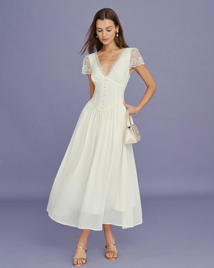 Vestido Maxi de Encaje con Escote en V de Albaricoque