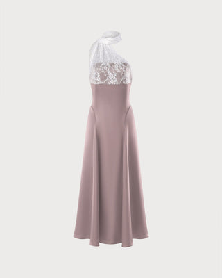 Vestido Maxi de Encaje Rosa con Un Hombro
