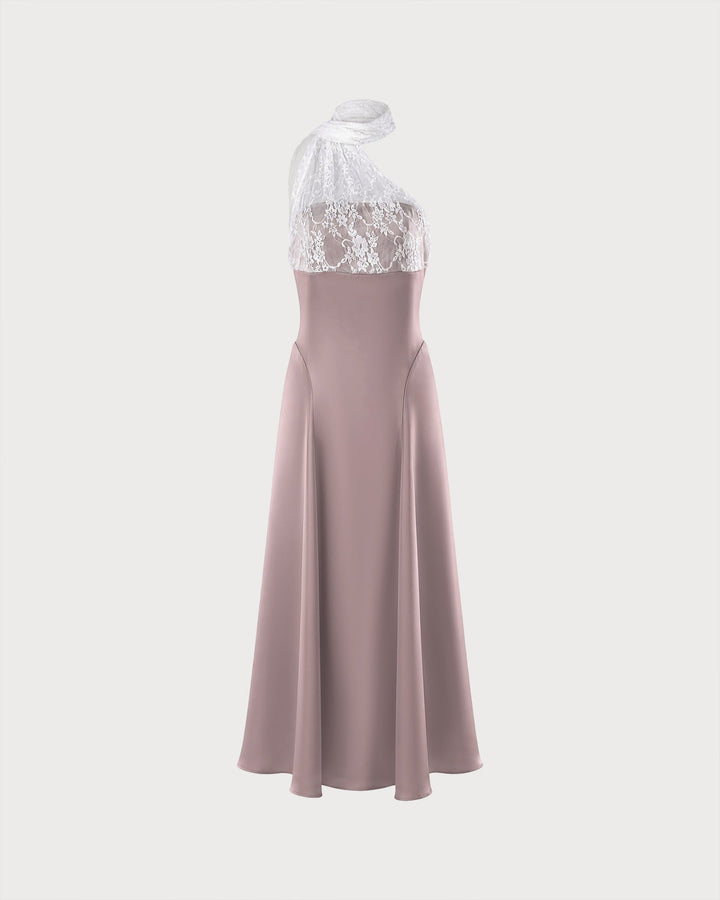 Vestido Maxi de Encaje Rosa con Un Hombro