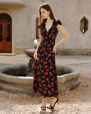 Vestido Maxi Negro con Flores y Escote en V
