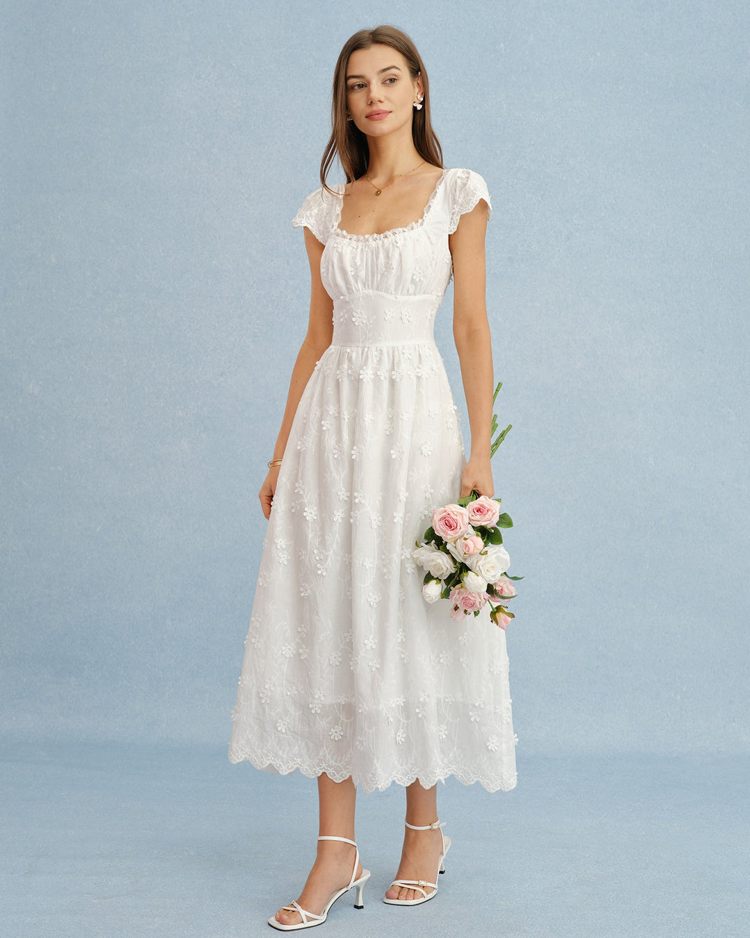 Vestido Maxi de Encaje con Flores y Cuello Cuadrado Blanco