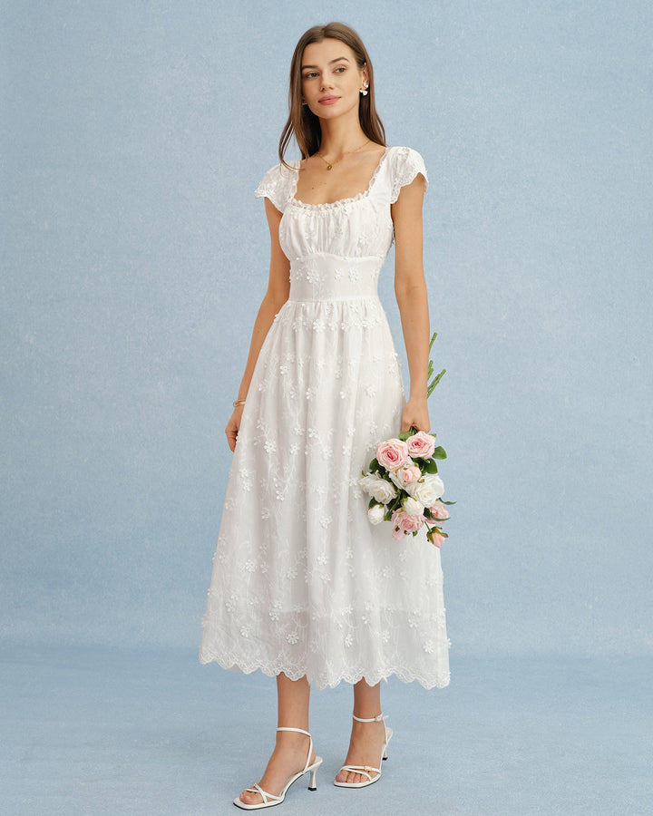 Vestido Maxi de Encaje con Flores y Cuello Cuadrado Blanco