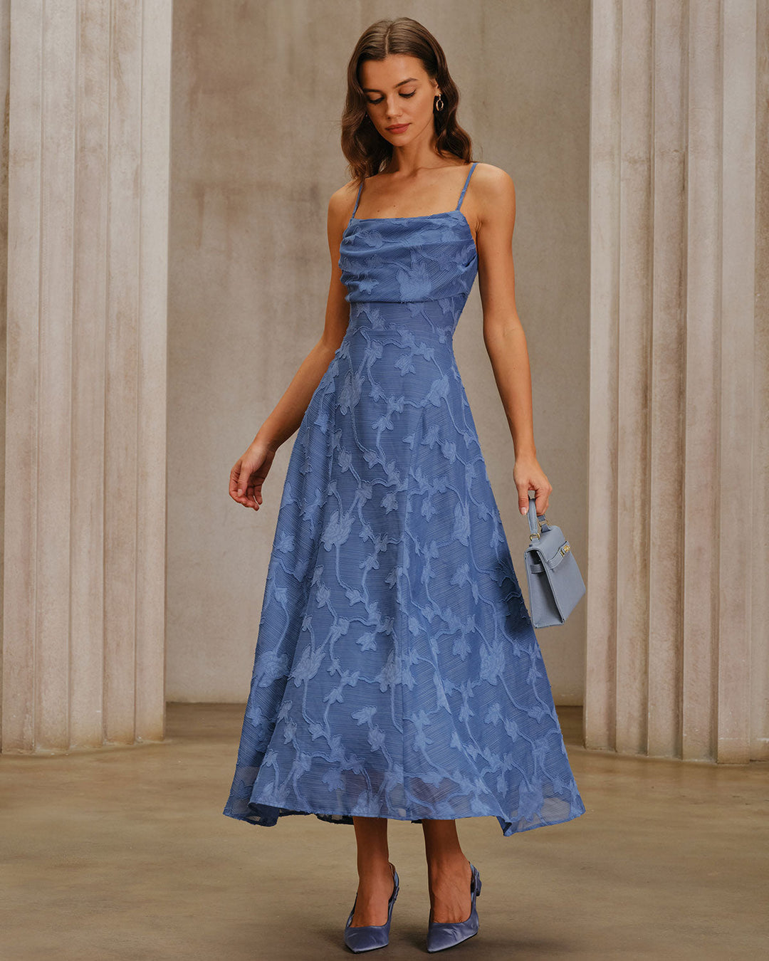 Vestido Maxi Slip de Jacquard Azul con Fruncidos