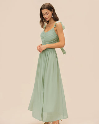 Vestido Maxi con Volantes y Cinta en V Verde
