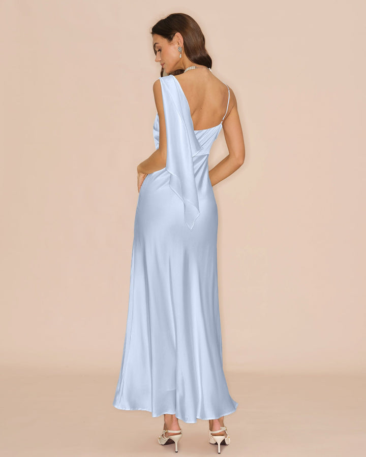 Vestido Largo de Satén con Escote Cuadrado Azul