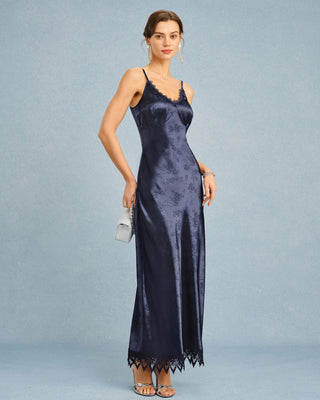 Vestido Maxi de Encaje Jacquard en Color Marino
