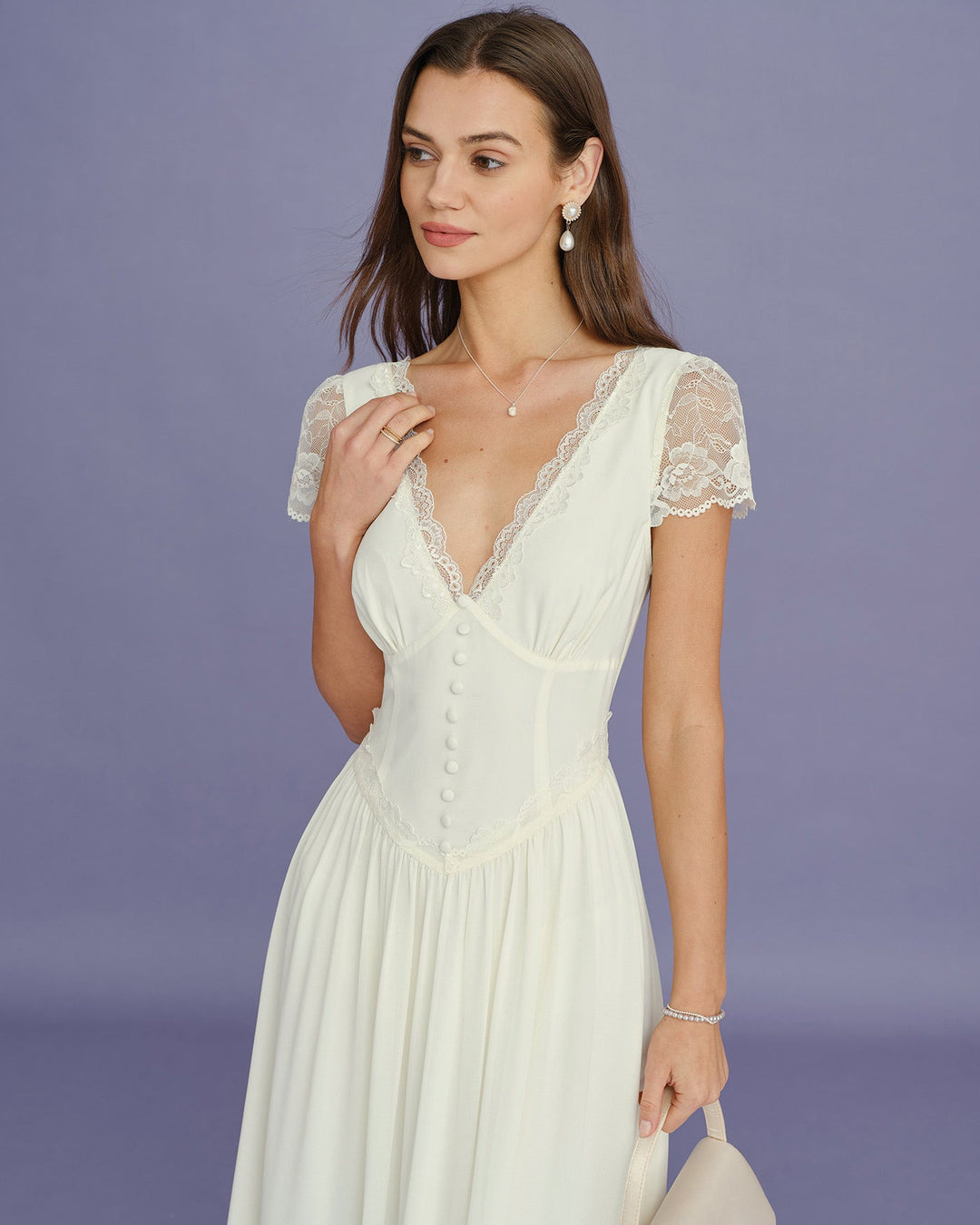 Vestido Maxi de Encaje con Escote en V de Albaricoque