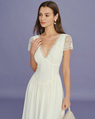 Vestido Maxi de Encaje con Escote en V de Albaricoque