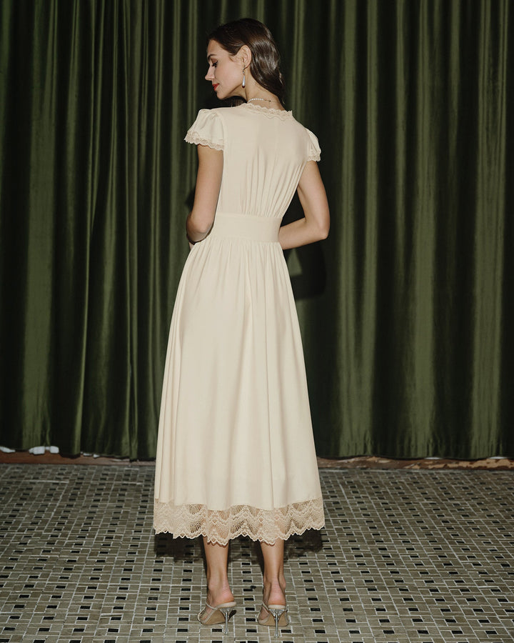 Vestido Maxi de Encaje con Escote en V Color Albaricoque