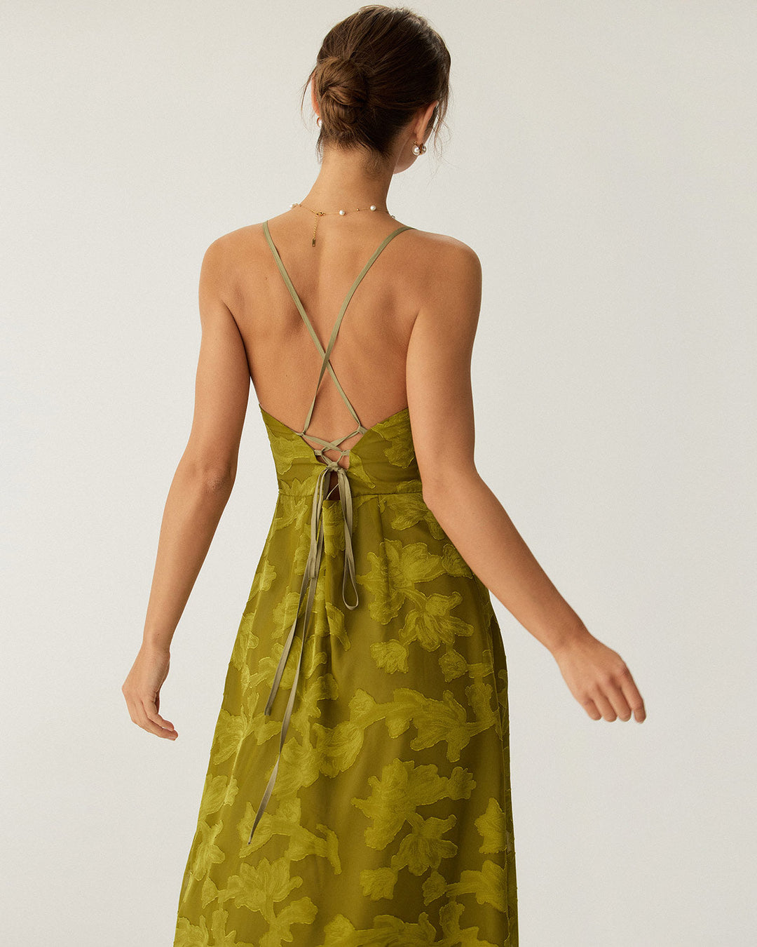 Vestido Maxi Sin Espalda Arrugado Floral Verde