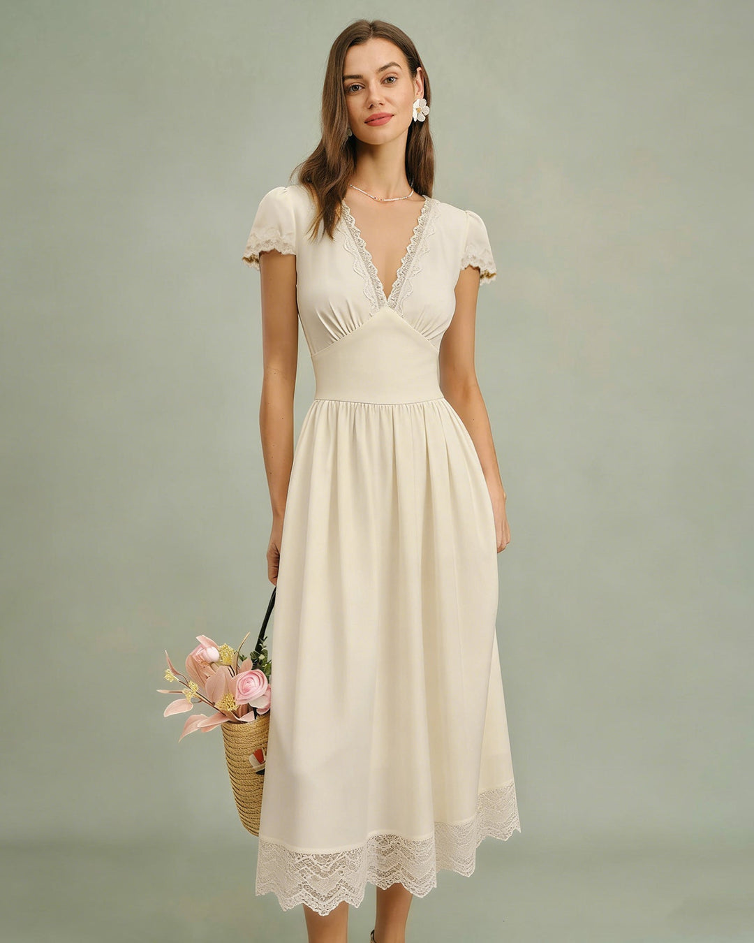 Vestido Maxi de Encaje con Escote en V Color Albaricoque