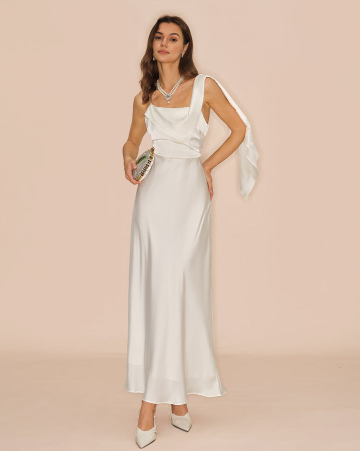 Vestido Maxi de Satén de Cuello Cuadrado Off White