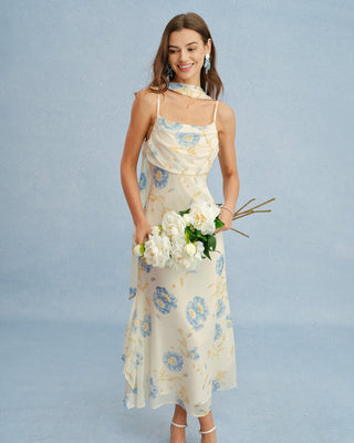 Vestido Maxi de Chifón Floral Beige