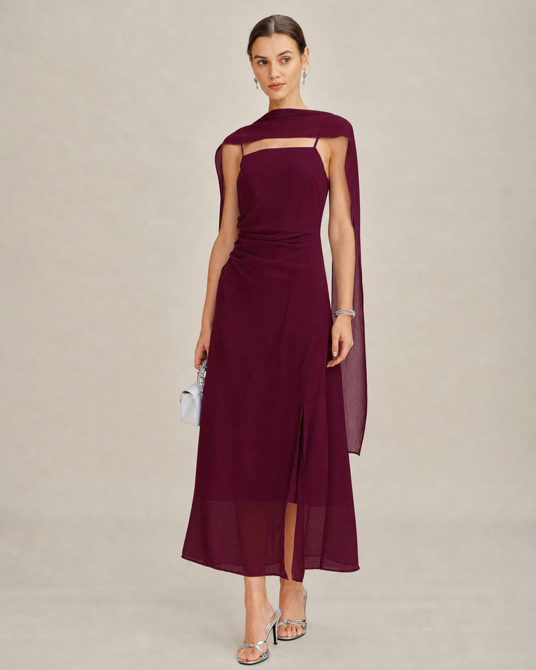 Vestido Maxi Chiffon con Cuello Cowl en Rojo Vino