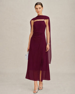 Vestido Maxi Chiffon con Cuello Cowl en Rojo Vino