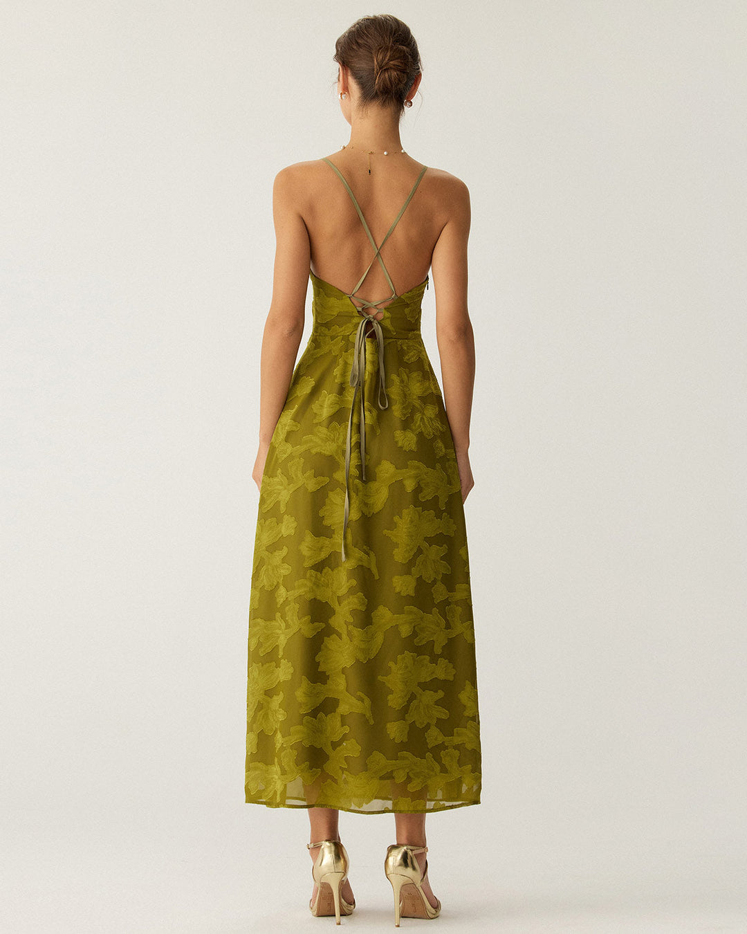 Vestido Maxi Sin Espalda Arrugado Floral Verde