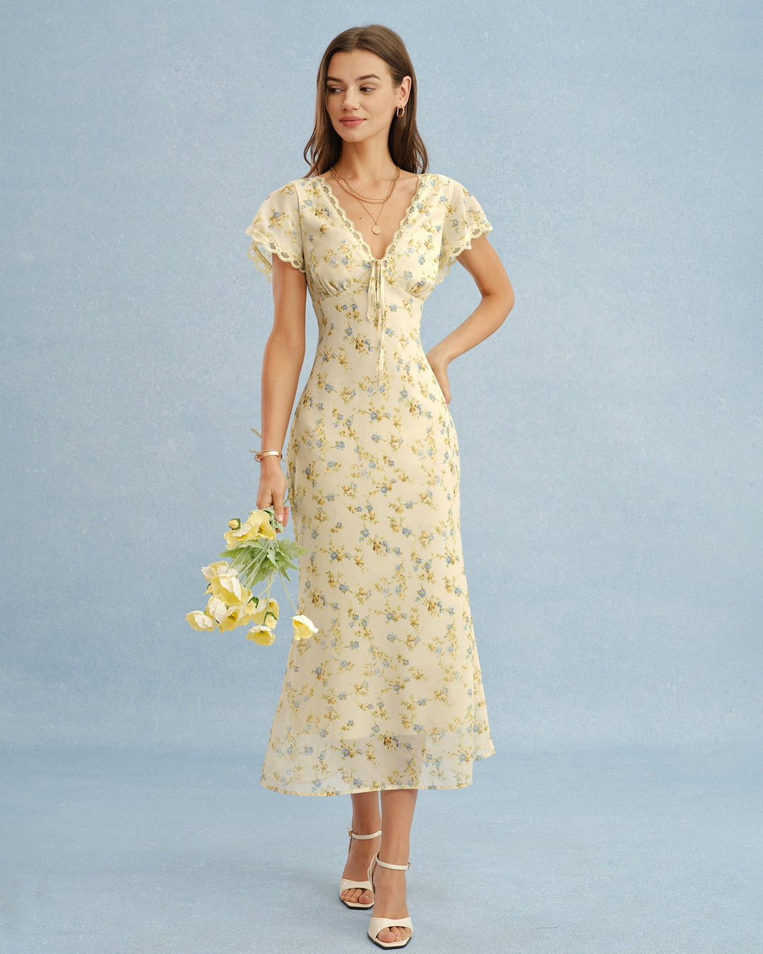Vestido Largo Floral Amarillo con Escote en V
