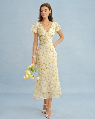 Vestido Largo Floral Amarillo con Escote en V