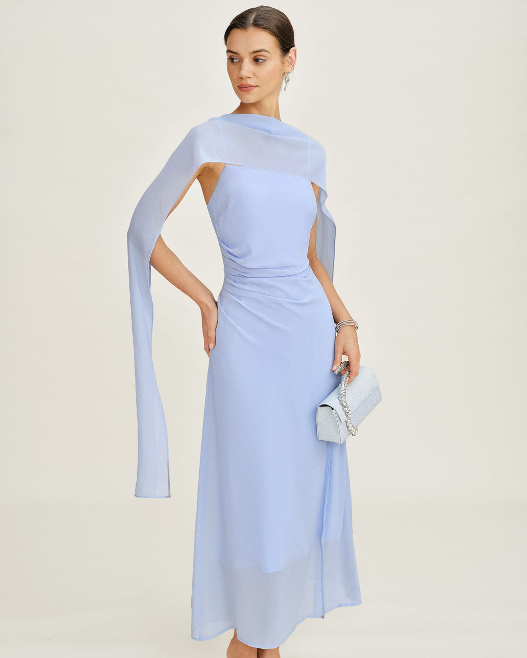 Vestido Maxi de Chiffon con Cuello de Cowl y Tirantes Azules