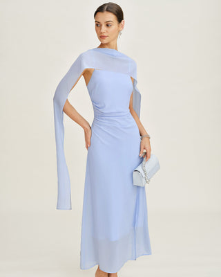 Vestido Maxi de Chiffon con Cuello de Cowl y Tirantes Azules