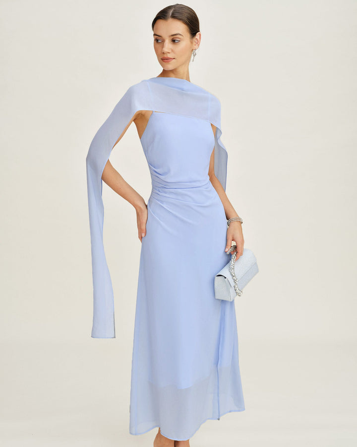 Vestido Maxi de Chiffon con Cuello de Cowl y Tirantes Azules